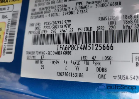 2021 Ford Mustang Gt Fastback из США, поврежденный, VIN 1FA6P8CF4M5125666